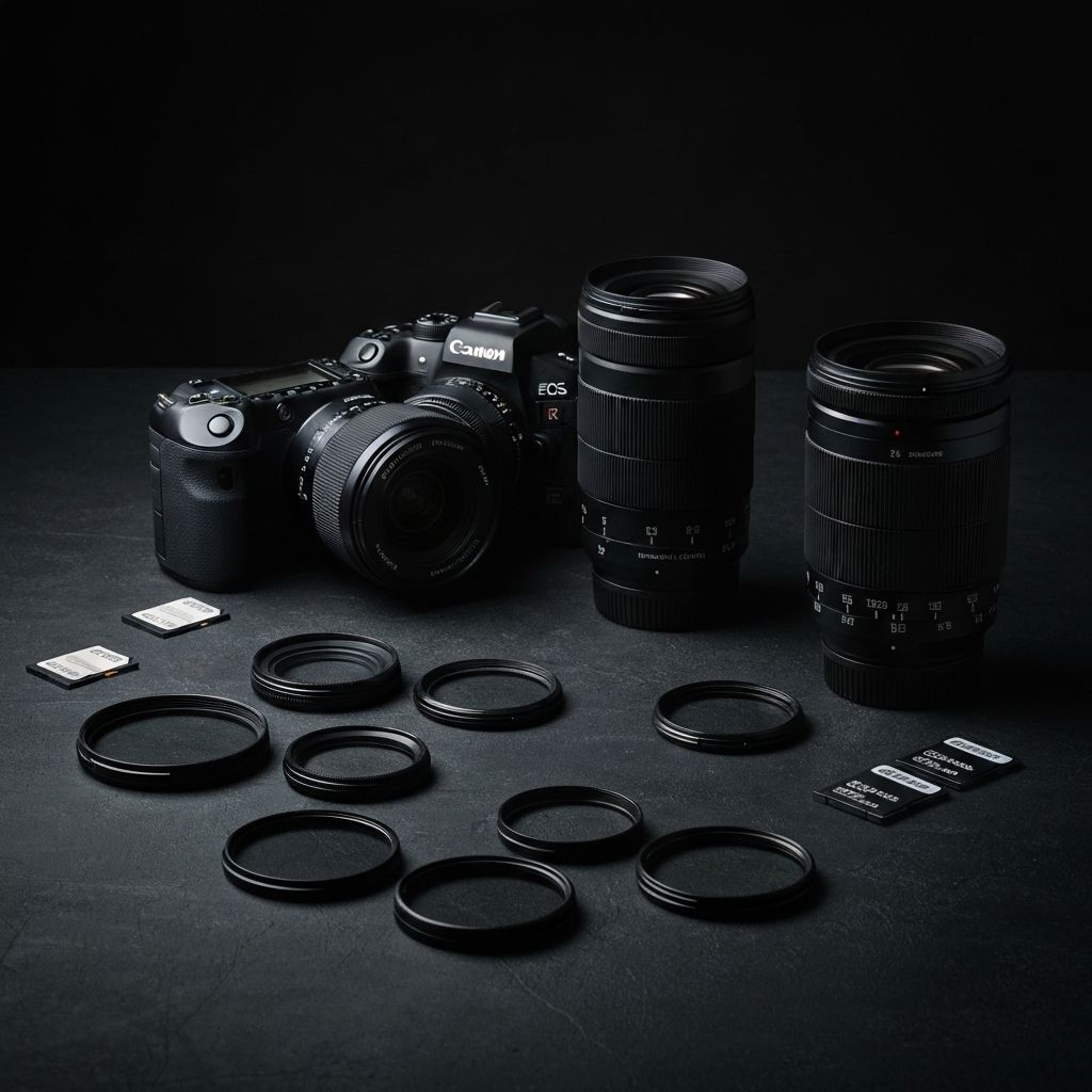Professional camera lenses and photography equipment arranged on a dark surface