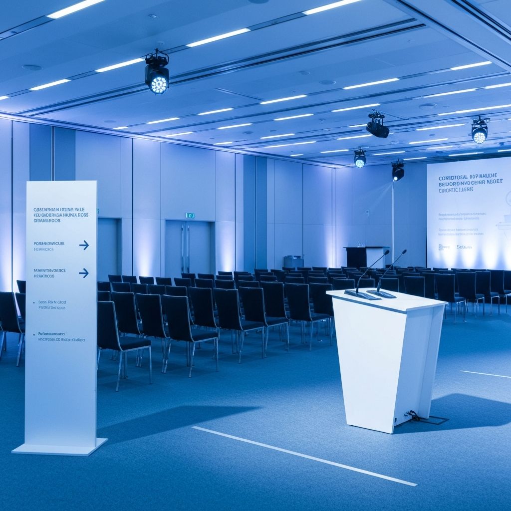 Modern corporate event setup with professional stage lighting and branded signage