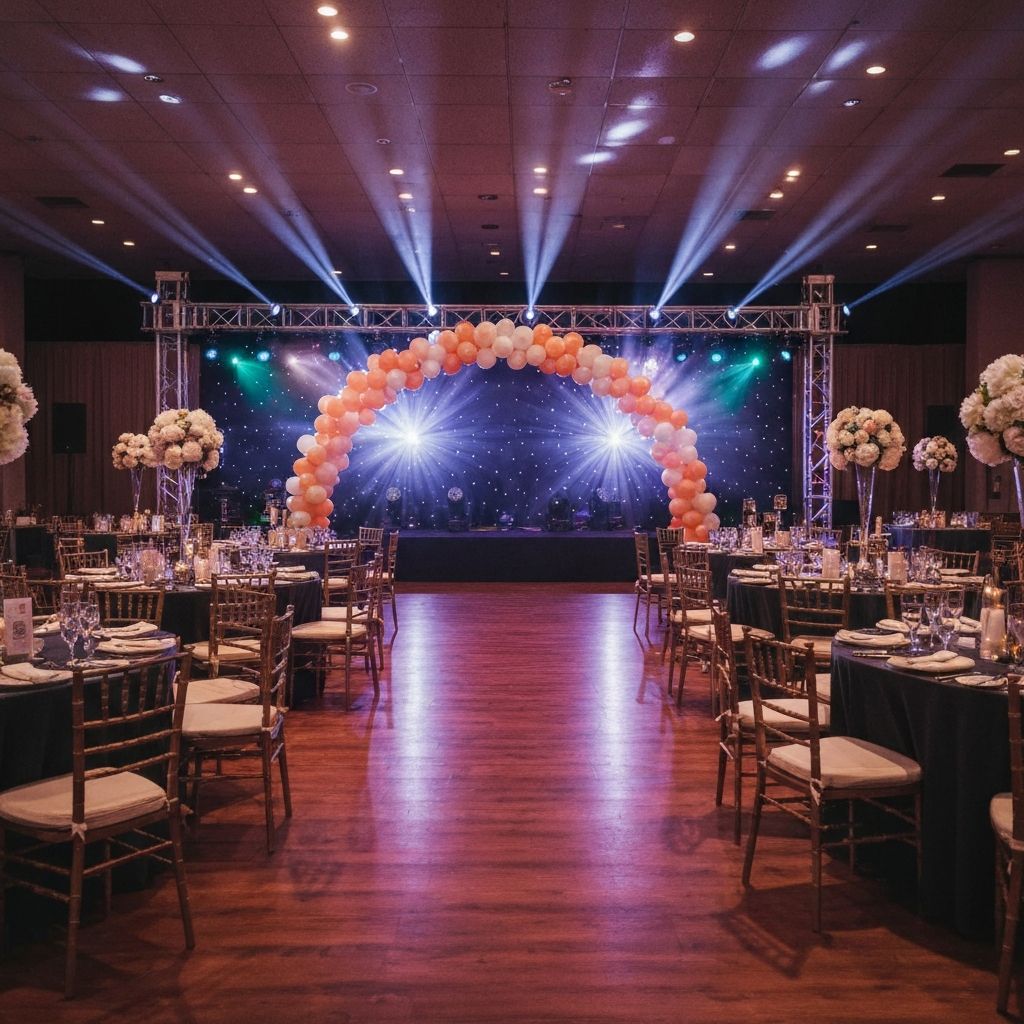 Vibrant event venue with colourful stage lights and festive decorations