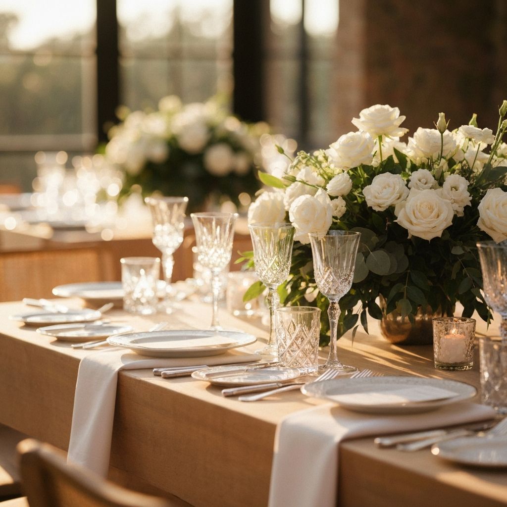 Elegant wedding venue with floral centrepieces and candlelit table settings